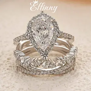 Effinny Pear Cut 2.2ct 3PC Halo Wedding Ring Set, 925 Sterling Silver Promise Ring, Bridal Set Rings, 5A Cubic Zirconia Anniversary Ring for Women