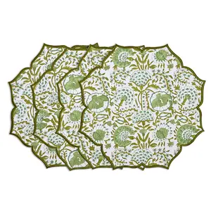 Embroidered Scalloped Cotton Placemats - Agate Green (Set of 4)