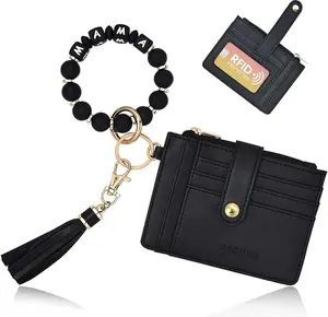 Silicone Bracelet Keychain Wallet for Women Wristlet Card Holder Slim RFID Wallet with Zipper Pocket
