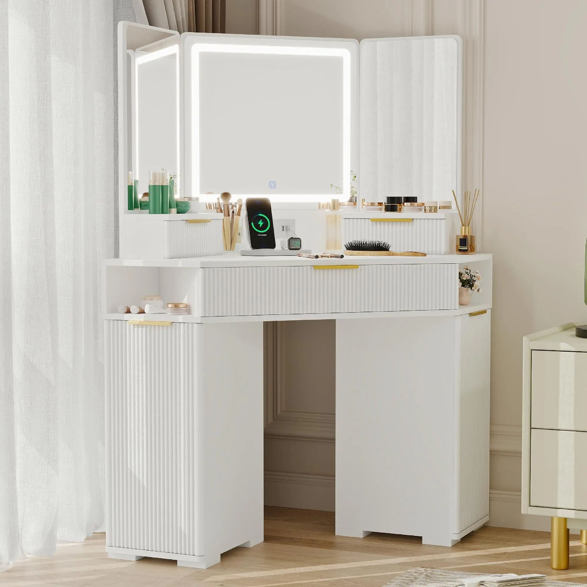 GARVEE 48" White Fluted Corner Vanity Desk with Triple Mirrors, 3-Color Mode Mirror Lights, Charging Station and Cabinets for Bedroom