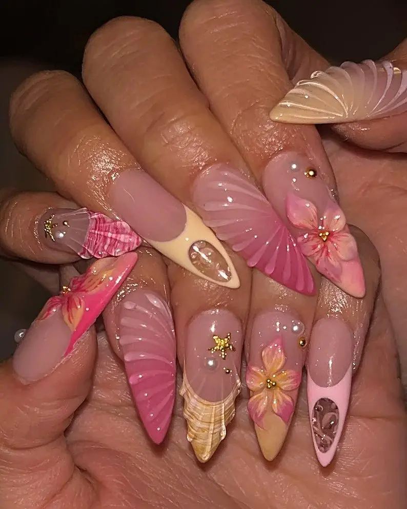 Beachcore Shell & Floral Press On Nails  Handmade 3D Tropical Nail Art for Summer or Vacation Looks