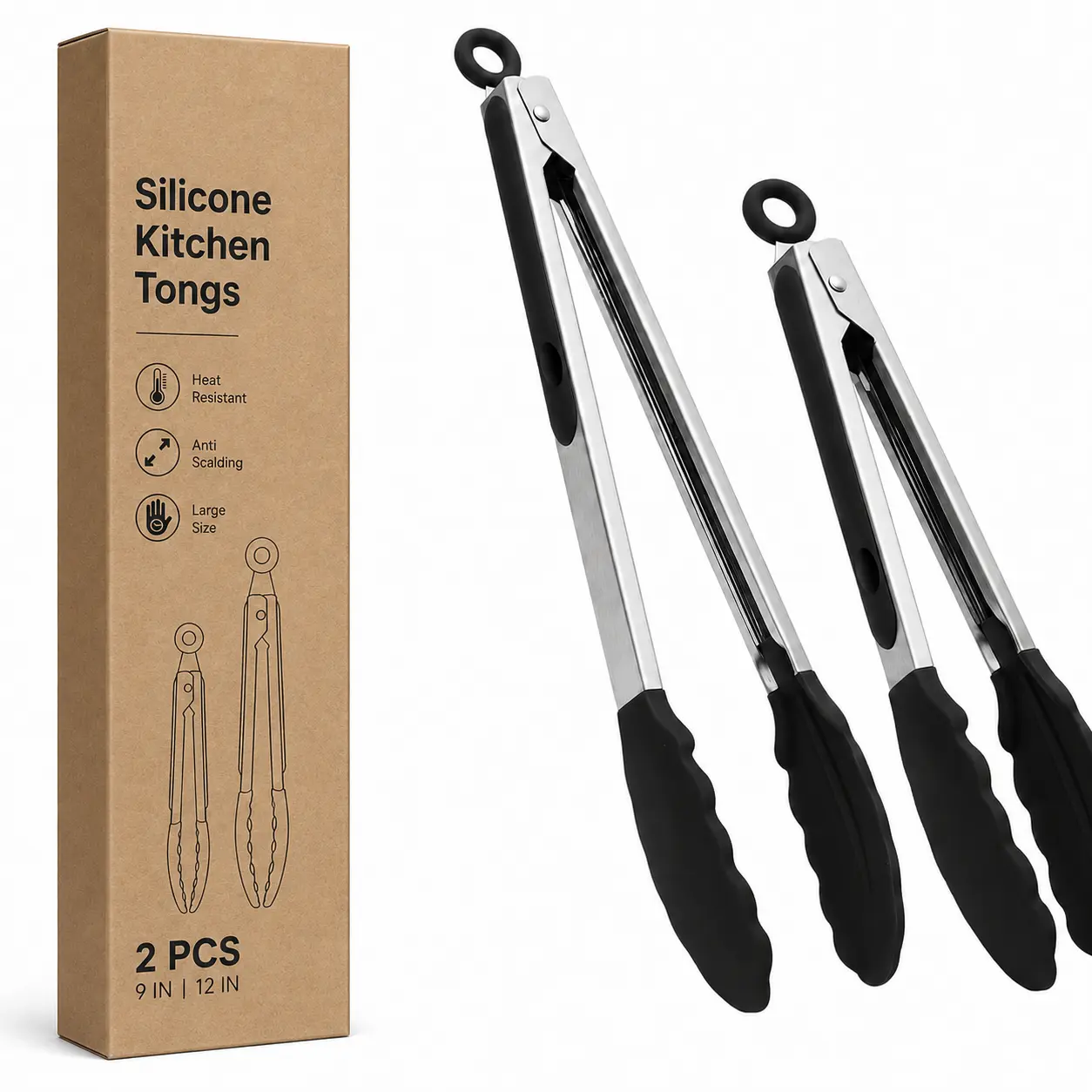 Kitchen Tongs Set of 2, 9 and 12 Inch Stainless Steel Locking Tongs, Heat Resistant Silicone Tips for BBQ Cooking