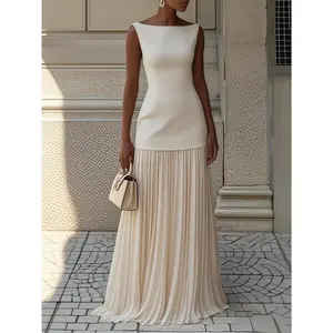 [ElegantPleatedMaxiDress]ElegantSleevelessPleatedMaxiDress|BoatNeck,High-LowHem,FlowingDesignforFormalEvents&EveningParties,Cream,MultipleColors&SizesAvailable,FormalEveningWear,StructuredFit