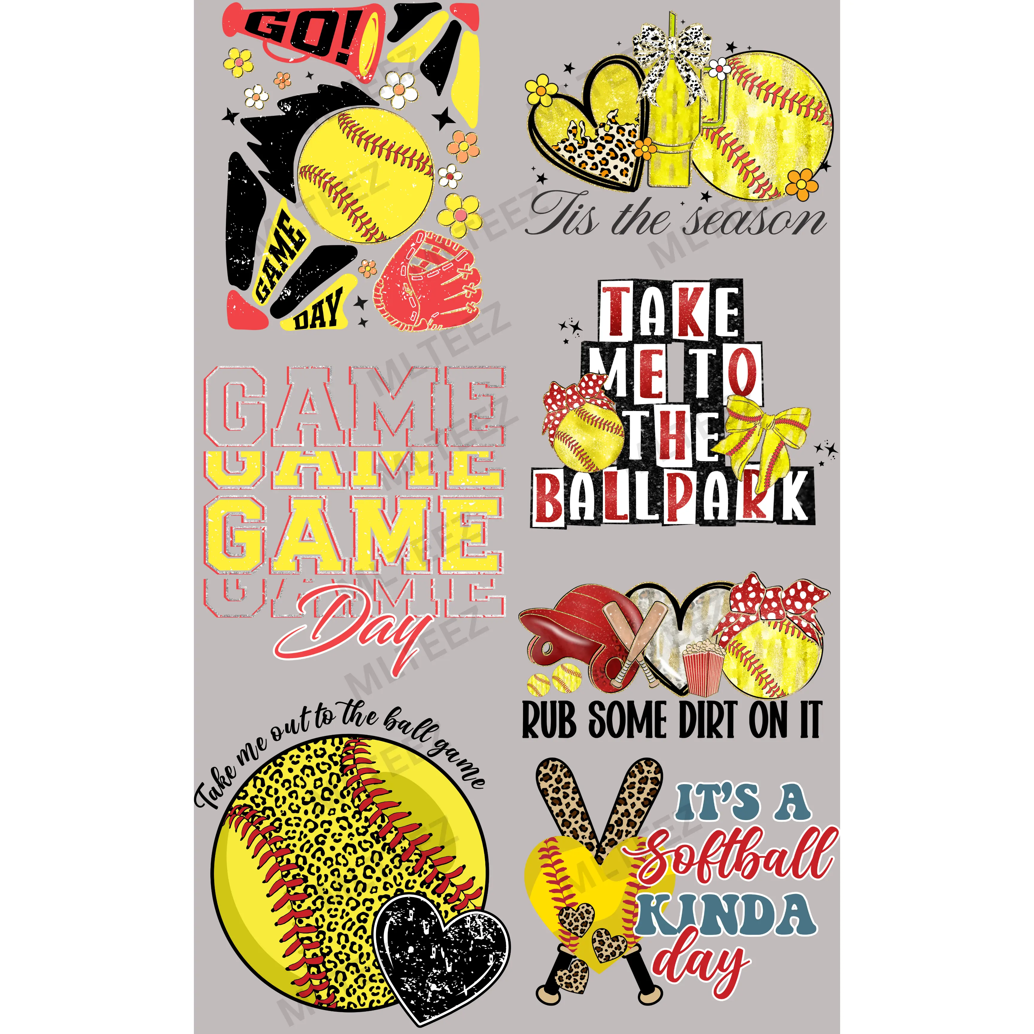 SOFTBALL GAME DAY (2) PREMADE GANGSHEET - 22X36 DTF TRANSFERS - DIRECT TO FILM