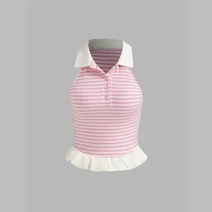 Cider [size 2-10] Polo Striped Ruffle Hem Crop Tank Top