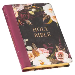 KJV Holy Bible, Thinline Large Print Faux Leather Red Letter Edition Thumb Index, Ribbon Marker, King James Version, Black/Burgundy Printed Floral (KJV Thinline LP Editions)