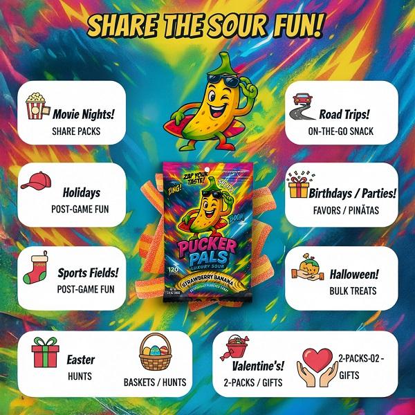 Pucker Pals Strawberry Banana Sour Candy – Extreme Sour Strips, Chewy Gummy Candy & Sour Gummies, Gummy Worms Style Bold Fun Treats for Kids, Boys, Girls, Teens & Adults, Halloween & Stocking Stuffers