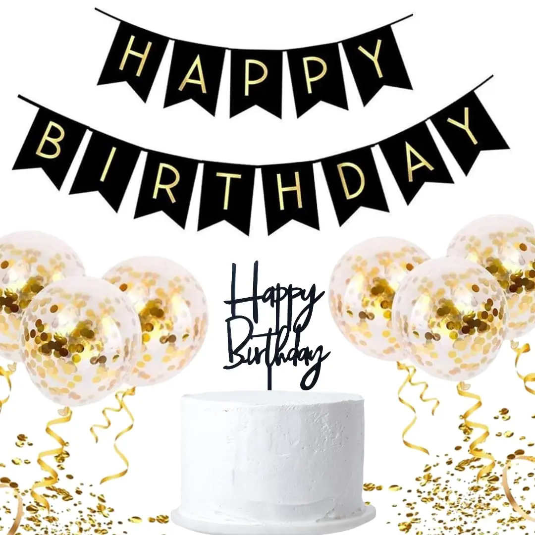 Black Gold Birthday Decorations Kit Acrylic Cake Topper Birthday Topper Cake Decor' Birthday for Men Women Teens All Ages Celebration Pack Birthday Decoration Kit in Gold