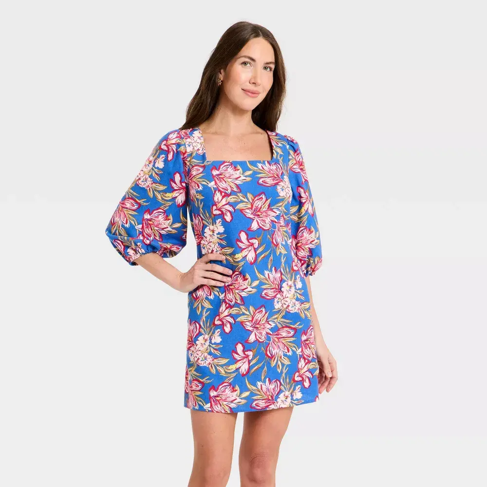 Women's Linen Basic Casual Mini Slip Dress with Sleeve and Pocket - A New Day