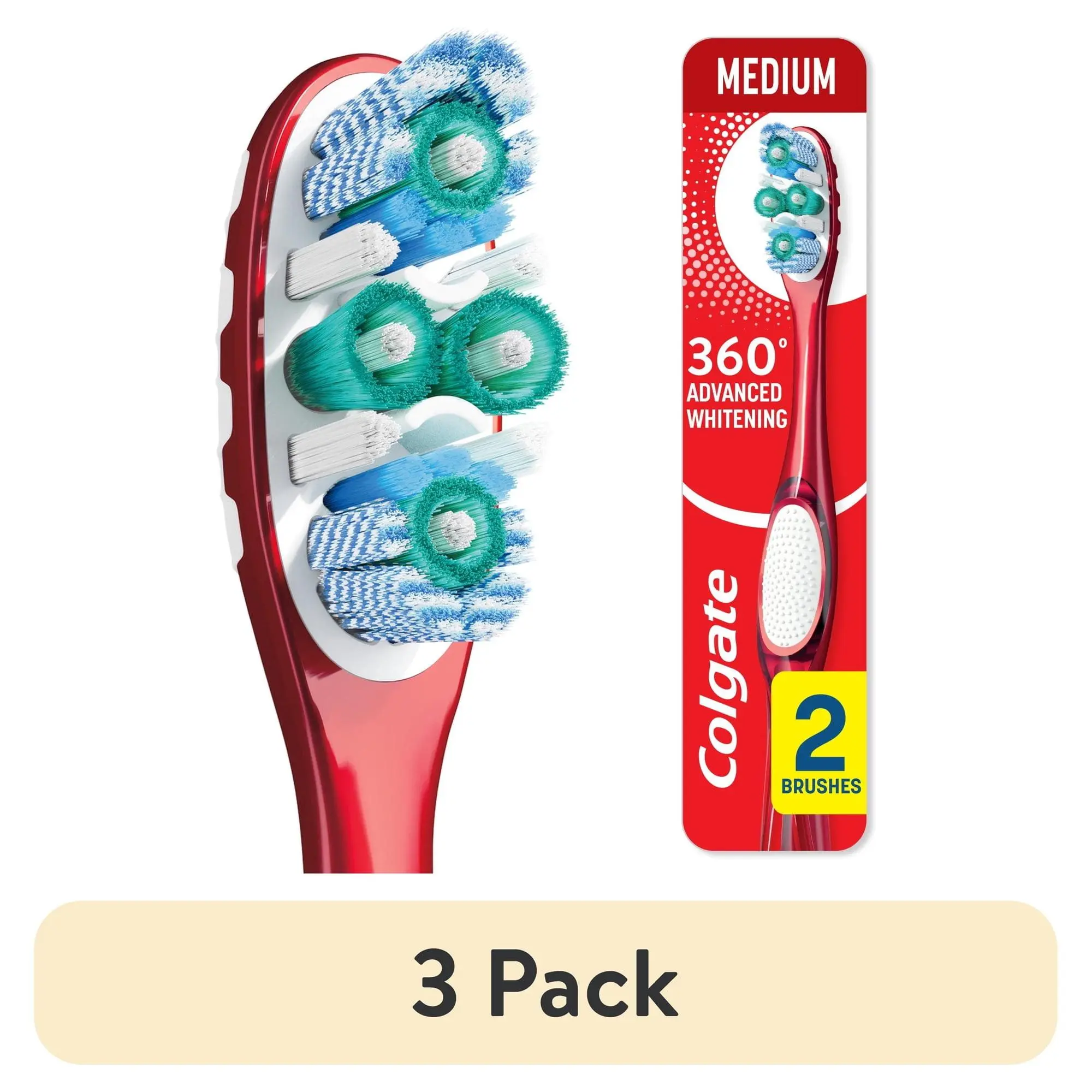(3 pack) Colgate 360 Advanced Whitening Toothbrush Pack, Medium Adult Toothbrushes, 2 Pack