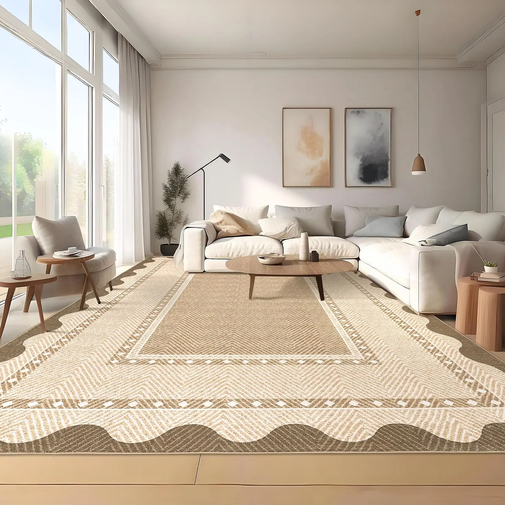 Modern Neutral 9x12 Area Rug Large Washable Rugs for Living Room, Low Pile Non Slip Stain-Resistant Soft Carpet, Contemporary Border Pattern Floor Mats for Home Decor, Linen Color