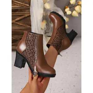 Elegant women’s high-heel ankle boots, round toe French Chelsea style, simple platform short booties for dresses, warm winter boots