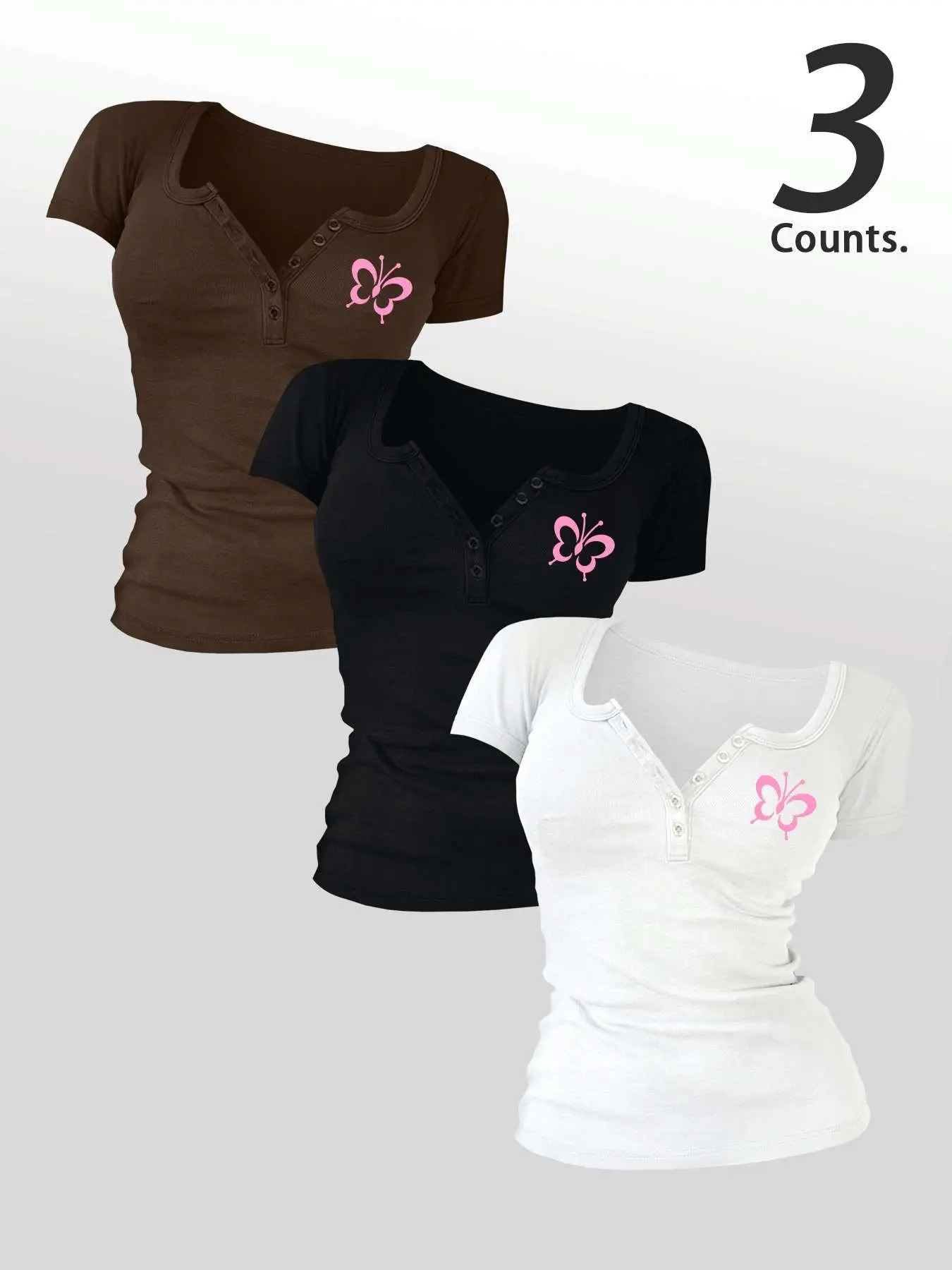 Butterfly  Women's Buttons 3 Pieces  V Neck Tee Button Tees, Casual Women's Short-Sleeve T-shirt For Summer, Ladies Basic Clothes for Daily Wear, TikTok Trending T-shirt Women Top, Casual Chic Top