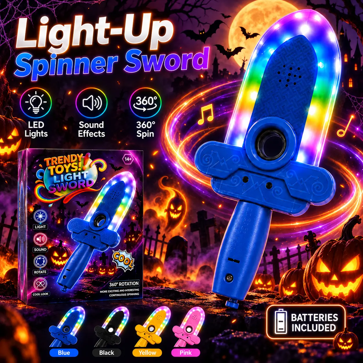 RGB Cyber Light Sword Finger Spinner | Halloween Light Up Toy, Gift & Party Decor | Ultimate 360° Spinning Stress Relief Toy for Teens & Kids | Fun LED Lightsaber Glow Toy for Home Parties & Family Gatherings