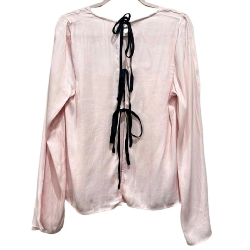 Free People Aarabella Satin Top Blush Pink Long Sleeve Blouse with Back Lace-Up Detail Size S NEW