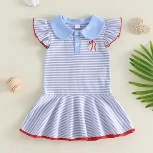 Toddler Baby Little Girls Striped Dress Summer Cute Baseball Embroidery Flying Sleeve Collared Dress 1-5 Years