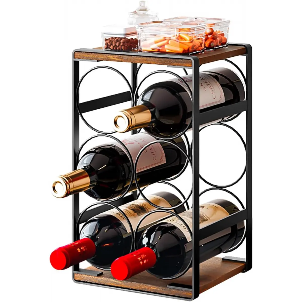 Vintage Sturdy Wood Grain Solid Wood Countertop Wine Rack - 6-Bottle Capacity, 15-20 Kg Load, Fully Assembled, Metal Tubing Freestanding Unit, Black+Rustic Brown, Ideal for Bars, Basements