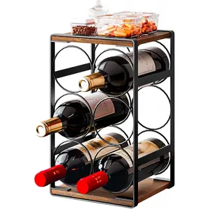 Wood Countertop Wine Rack No Need Assembly 6 Bottles Black + Rustic Brown