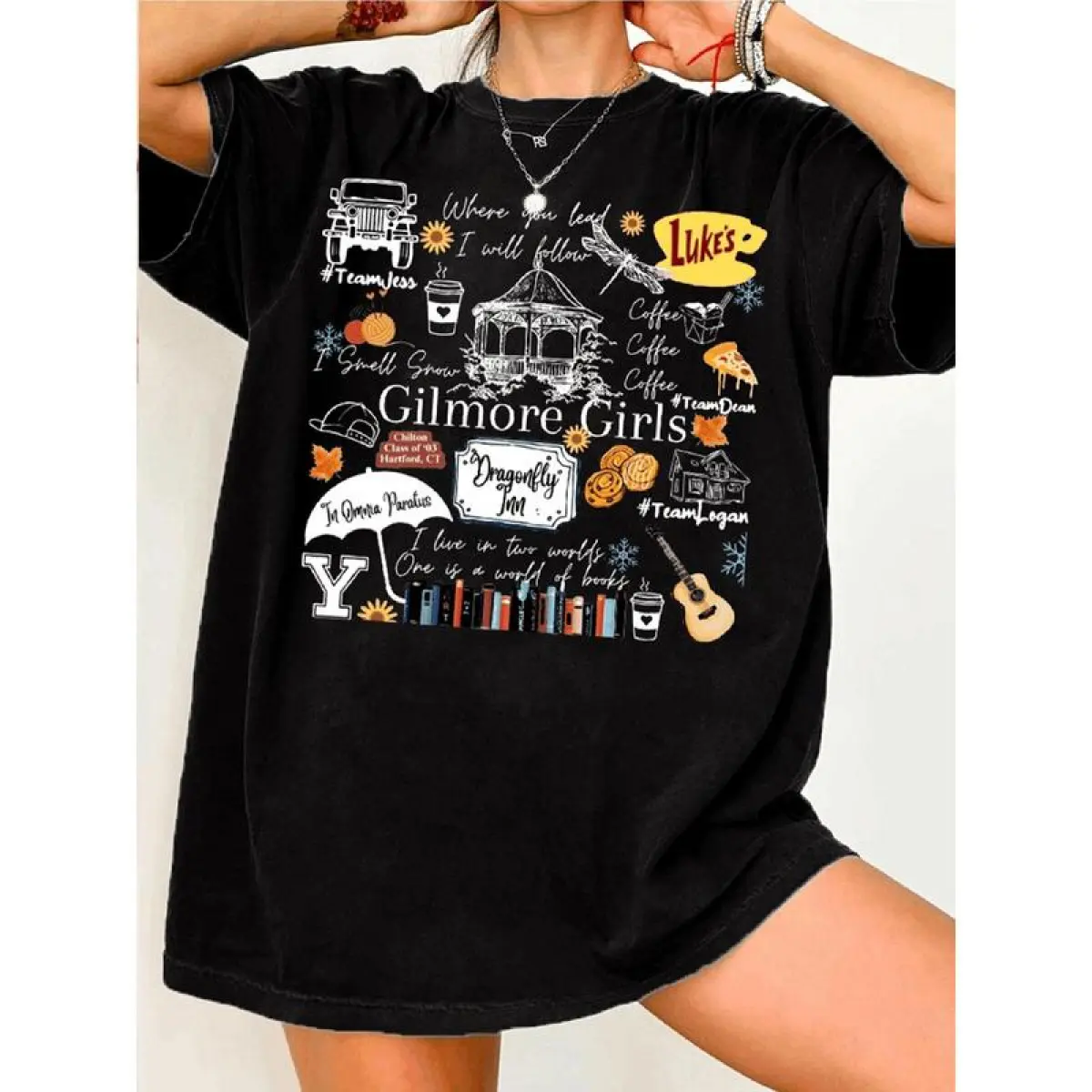 Women's Gilmore Girls TV Show Quote T-Shirt, Short Sleeve Crew Neck  Black Tee with Iconic Print Top Womenswear