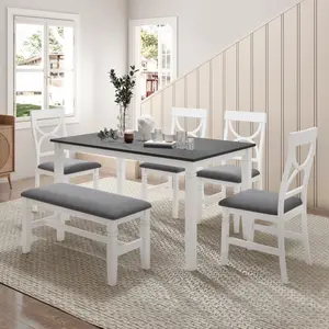 6-Piece Wood Dining Table Set Kitchen Table Set with Upholstered Bench and 4 Dining Chairs, Farmhouse Style,Gray+White wayfair  chairs