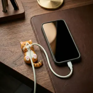 Cat Cable Holder for Desk — Stick-On Phone Charger Organizer