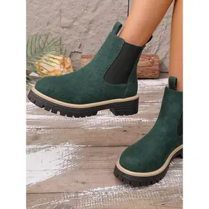 Women's Chelsea Boots, Spring & Fall New Inner Height Increase Thick Sole Boots, Casual Round Toe Mid-Calf Short Boot
