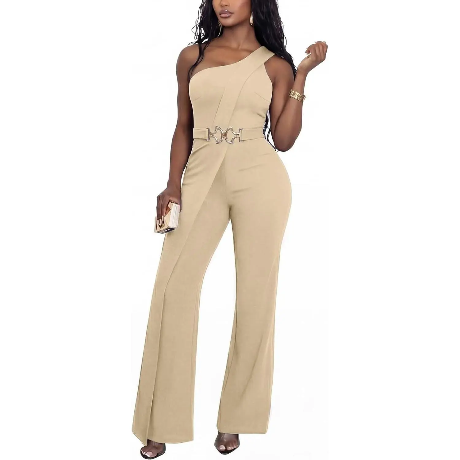 Women's 1-Shoulder Sleeveless Belted Wide-Leg Jumpsuit, Elegant Dressy Party Outfit
