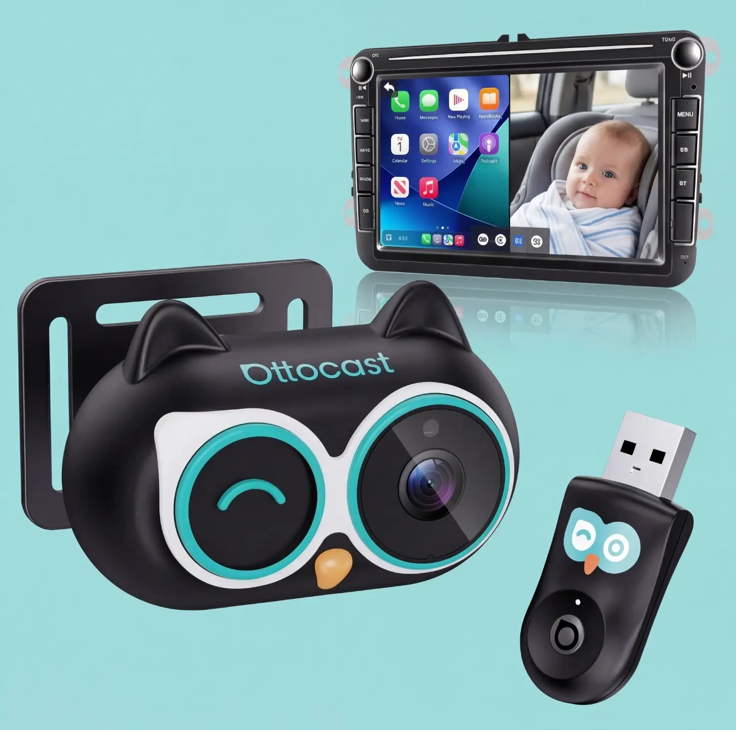OTTOCAST Baby Camera for Car Wireless CarPlay Adapter, 1080P HD Car Screen Display Rear Seat Monitor, 150° Wide Angle, No-Glow Night Vision, Safety for Kids & Infants