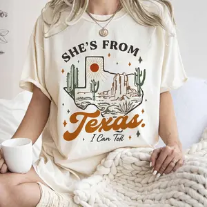 She’s From Texas T-Shirt, Retro Texas Graphic Tee Hoodie & Sweatshirt, Southern Cowgirl Country Style, Unisex Cotton Vintage Comfortable – Texas Pride Gift for Men & Women YOS