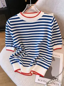 Women's Round Neck Knitted Short Sleeve Pullover Sweater, Casual Comfortable Striped Summer Fashion, Versatile Women's Clothing
