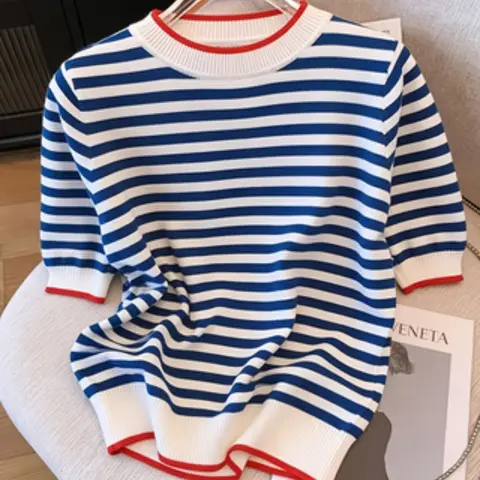 Women's Striped Round Neck Short Sleeve Sweater, Casual Fashion Comfortable Crew Neck Knit Top, Summer Wear, Slim-Fitting Top, Cozy Knitwear, Striped Knitted Sweater