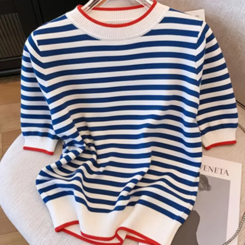 Women's Striped Round Neck Short Sleeve Sweater, Casual Fashion Comfortable Crew Neck Knit Top, Summer Wear, Slim-Fitting Top, Cozy Knitwear, Striped Knitted Sweater