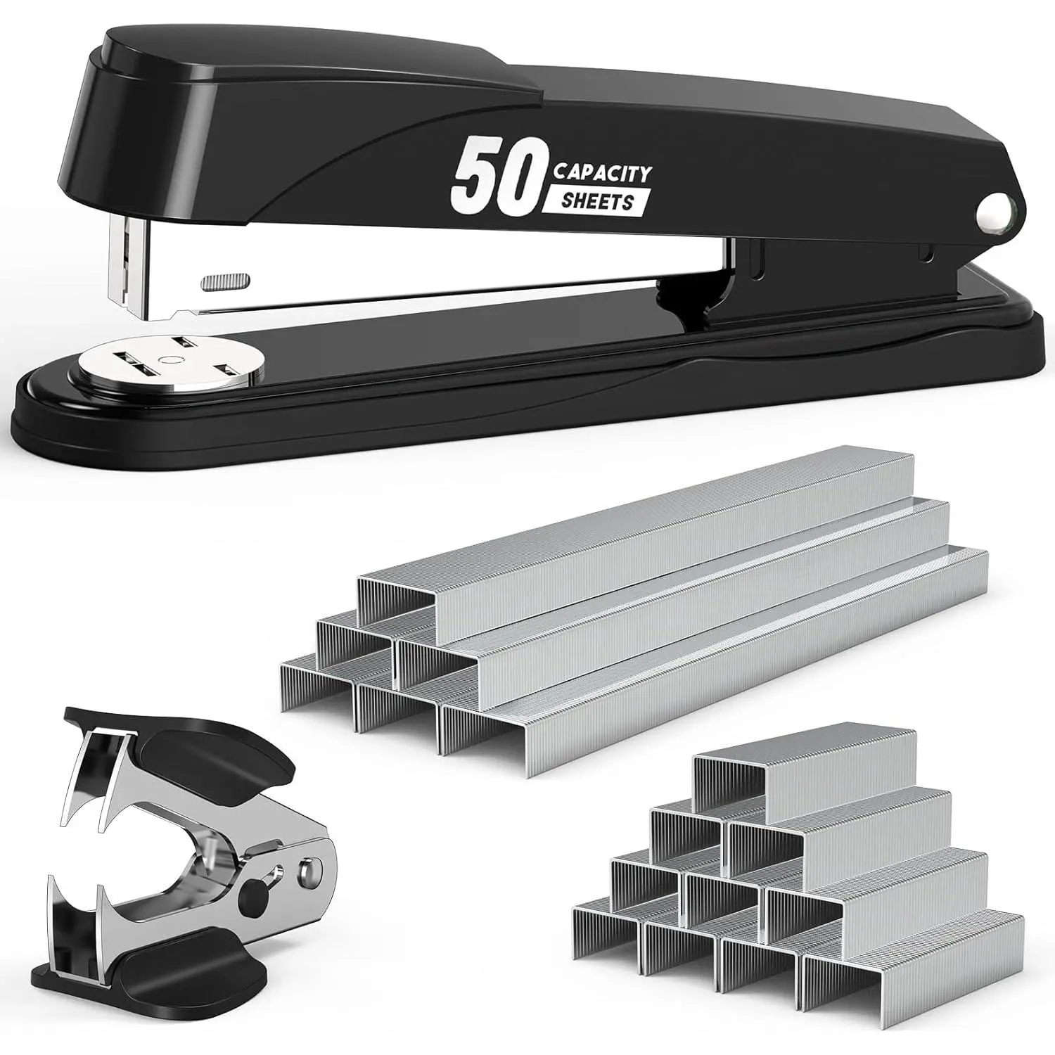 Heavy Duty Metal Stapler 50 Sheet Capacity with 1750 Staples and Staple Remover Suitable for Office Desk Full Strip Stapler No Paper Jam Anti-Slip Suitable for Office and Classroom Black