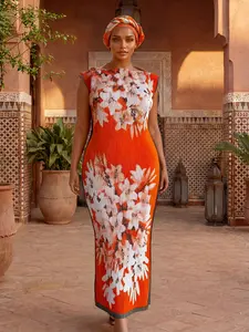 Women Floral Print Long Robe Set, Elegant Beach Cover-Up Shawl & Satin Scarf Headband, All-Season Slim Fit Sun Protection