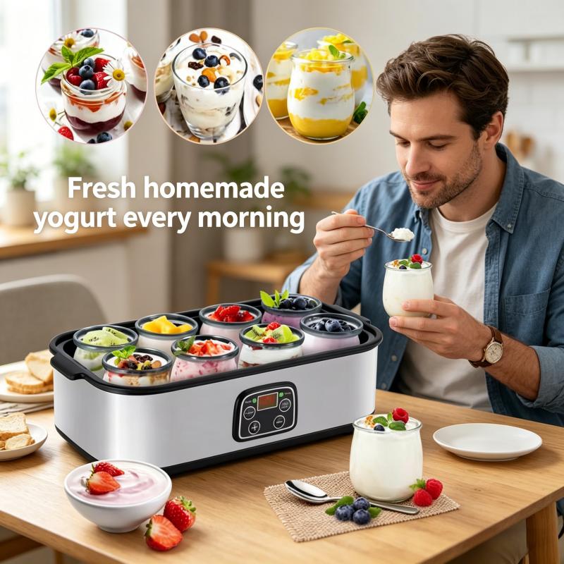 Fully automatic yogurt machine with adjustable temperature and 48 hour time control for fresh homemade yogurt desserts, 8 cans, LED display screen, multifunctional electric yogurt machine