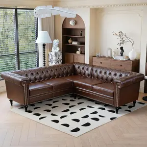 Sectional L-shaped Sofa, Chesterfield Faux Leather Couch Modern 5 Seater Upholstered Small Accent Tufted Sofa With Nailhead Design And Rolled Armrest For Living Room, Apartment, Office