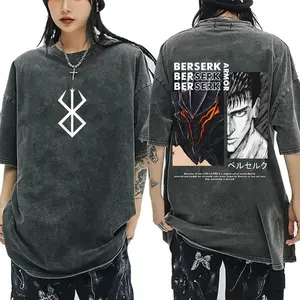 Classic Hot-Blooded Anime Berserk Guts Vintage Washed Tees Gatsu Griffith Zodd Men Women Clothing Cotton Casual Oversized Tops