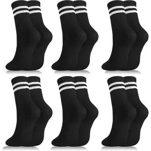 Womens White Crew Socks 6 Pair Striped Trim Casual Crew Socks Mid Calf Ankle Socks Vintage Retro Gym Running Womenswear Comfort