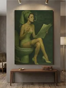 Woman Reading a Newspaper While Smoking Bathroom Wall Art — Vintage Cigarette Poster — Nostalgic Bathroom Decor — Girl Sitting on the Toilet
