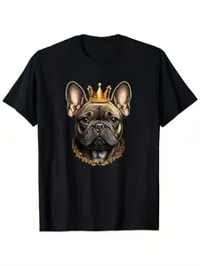 Men's interesting French bulldog frenchie T-shirt-retro style short sleeve T-shirt, gold crown design, four seasons comfortable, regular version, suitable for casual wear, sports a, Christmas Eve, for women, breathable comfort, for couples