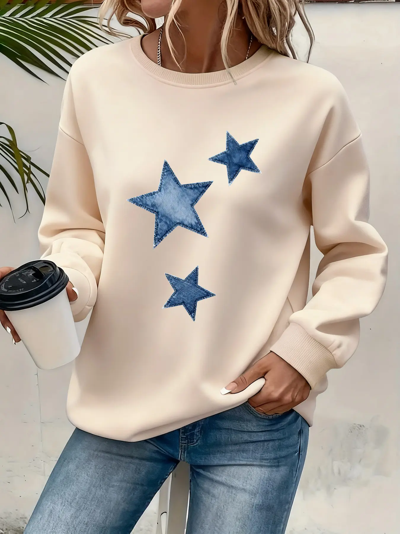 Women's Denim Star Patchwork Graphic Print Sweatshirt, Casual Long Sleeve Crew Neck Pullover Top