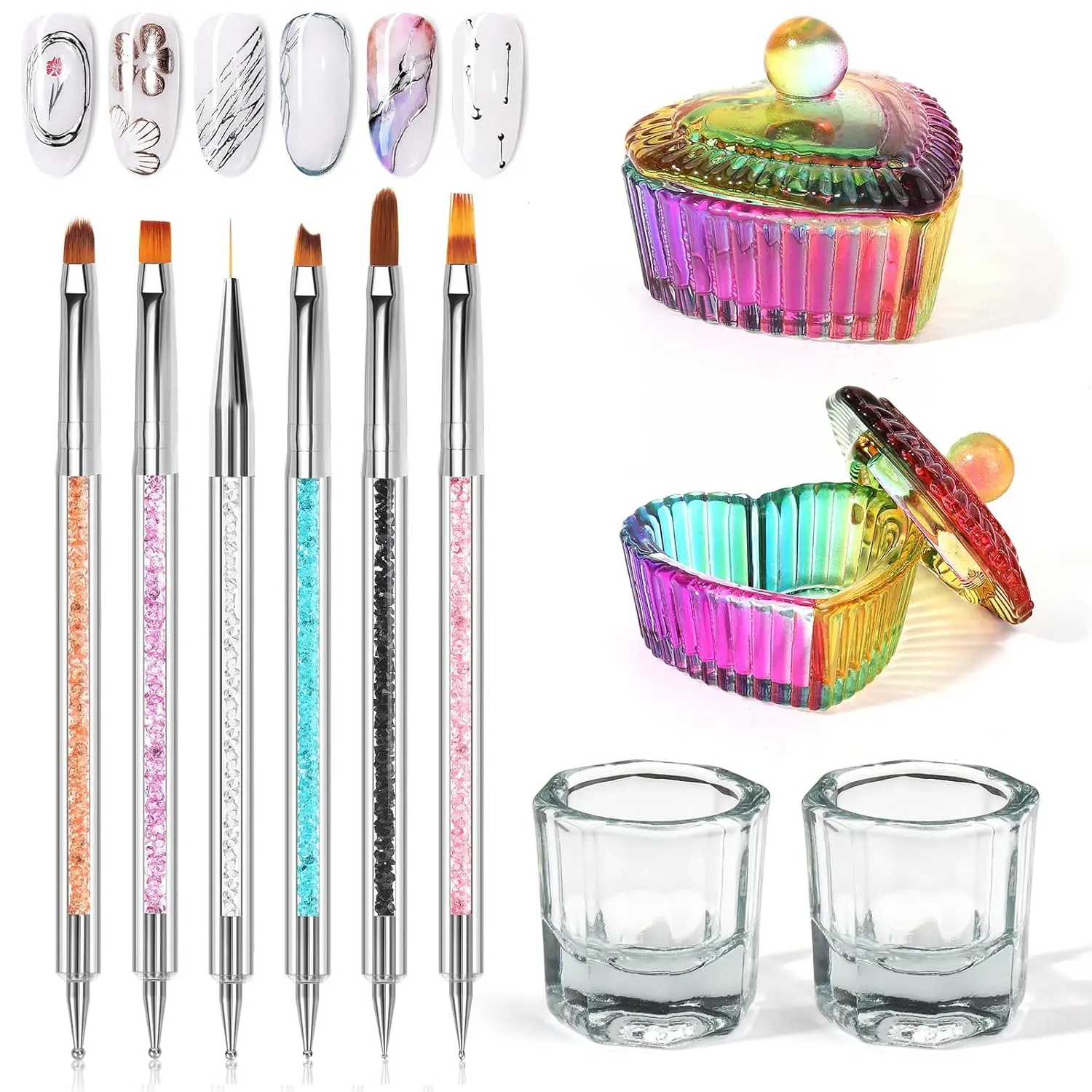 Acrylic Nail Art Brush Set with Crystal Dappen Dish – 10 PCS Nail Art Tools, Double-Sided Nail Polish Brushes, Nail Liner Brush & Glass Cup for Acrylic Powder, Gel & Manicure Design