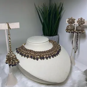 Indian/Pakistani Jewelry Set Necklace Earrings and Tikka with Decorative Beads and Unique Design
