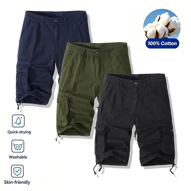 3 Pack Mens 100% Cotton Casual Cargo Shorts with Multi Pockets Drawstring Cuffs Breathable Work Outdoor Summer Wear pants