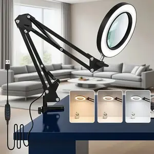 Adjustable Desktop Magnifying Glass Lamp, Height Adjustable Lamps, Portable LED Light, USB Powered, 3 Color Modes, 360° Swivel Neck, Ideal for Reading & Work