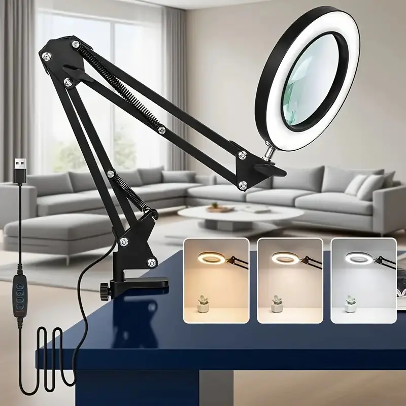 Adjustable Desktop Magnifying Glass Lamp, Height Adjustable Lamps, Portable LED Light, Adjustable Leds, USB Powered, 3 Color Modes, 360° Swivel Neck, Adjustable Lighting, Ideal for Reading & Work