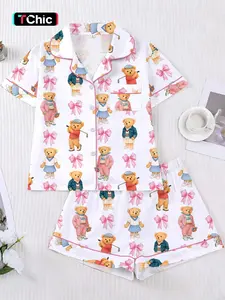 Women's Bear Bow Print Pyjama Set, Short Sleeve Button-Up Top & Elastic Shorts, Casual Fashion Sleepwear Loungewear Pajamas for All Seasons