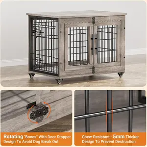 32" Wooden Dog Crate End Table with Cushion & Wheels, Grey