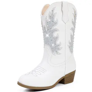 Sparkly Rhinestone Cowgirl Boots for Girls Cowboy Boot Toddler to Big Kids Mid Calf Zipper Low Heel Pointed Toes Party Birthday Dress
