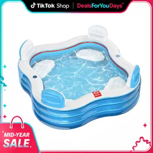 QPAU Inflatable Swimming Pool, Full-Sized Blow Up Pools with Seats and Backrests, Kiddie Pool for Outdoor & Backyard, for Family Summer Time Fun, Jelly Blue